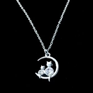 MOMMA Mommy Cat & Baby Kitten on Crescent Moon Necklace Silver Plate Chain